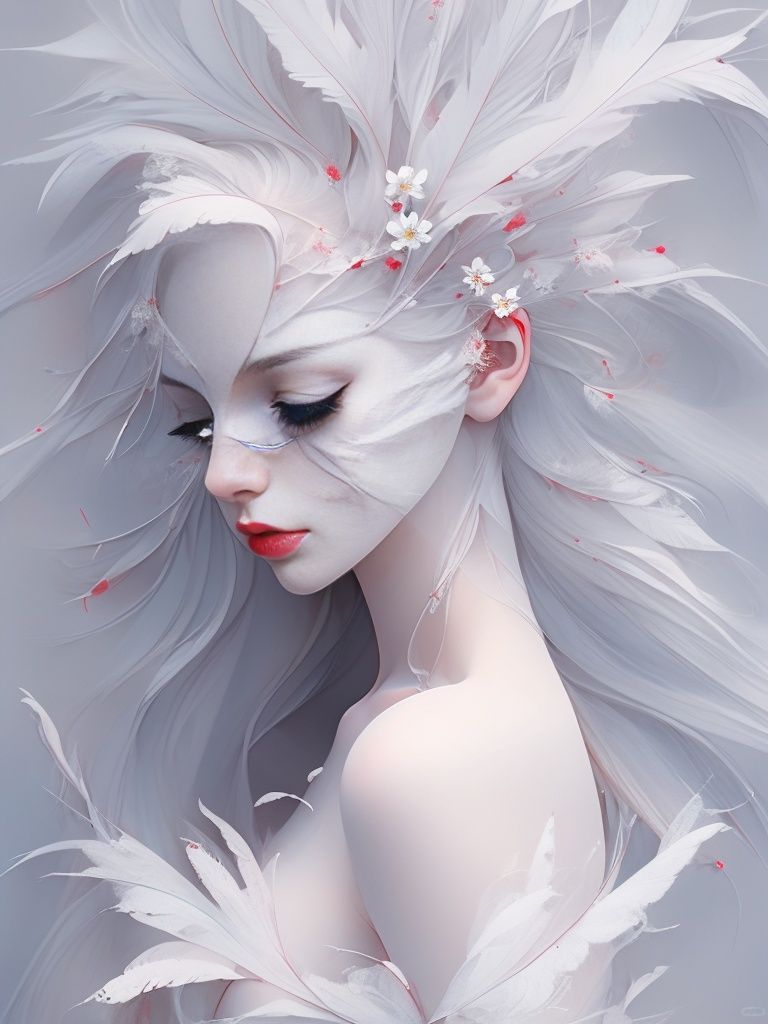 <lora:水墨人像-v1:0.8>,Ink painting, 1girl, solo, white hair, white theme, red lips, upper body, closed eyes, closed mouth, bare shoulders, lips, pale skin, facing viewer, long hair, flower, feathers