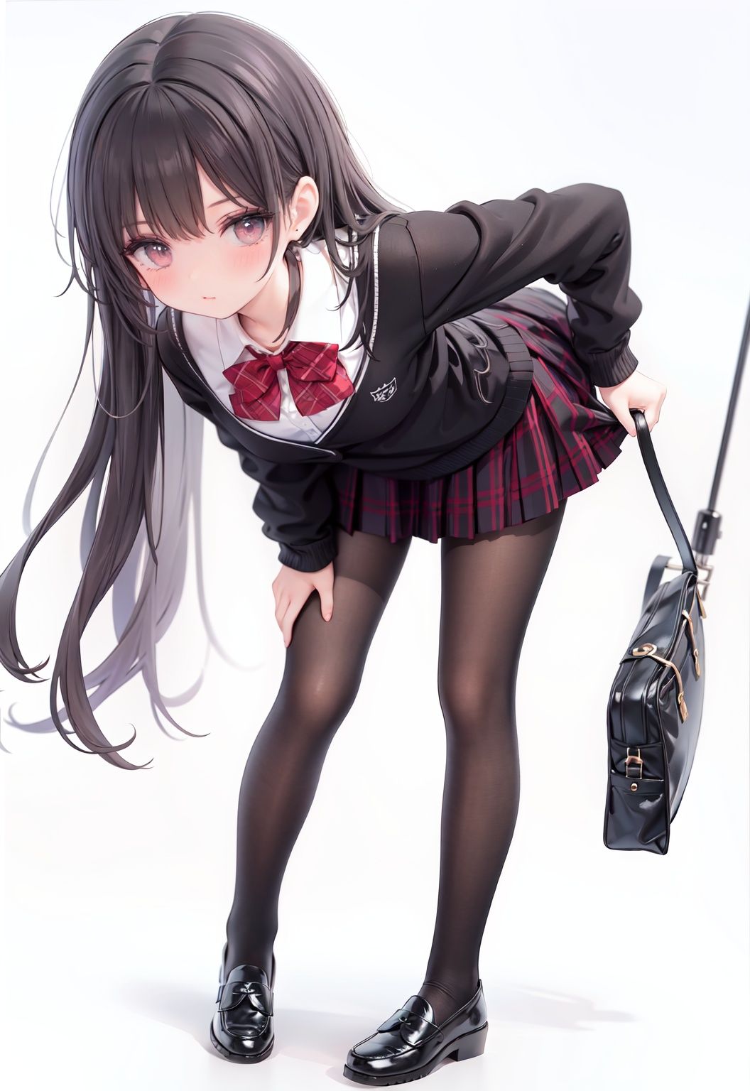 1girl, solo, pantyhose, skirt, long hair, loafers, shoes, simple background, school uniform, brown eyes, plaid, black pantyhose, plaid skirt, looking at viewer, black hair, pantyhose pull, full body, clothes pull, black footwear, pleated skirt, leaning forward, bangs, long sleeves, bent over, cardigan, bow, bowtie, standing, closed mouth, pulled by self, grey background, blush, miniskirt, red bow, sweater, **********