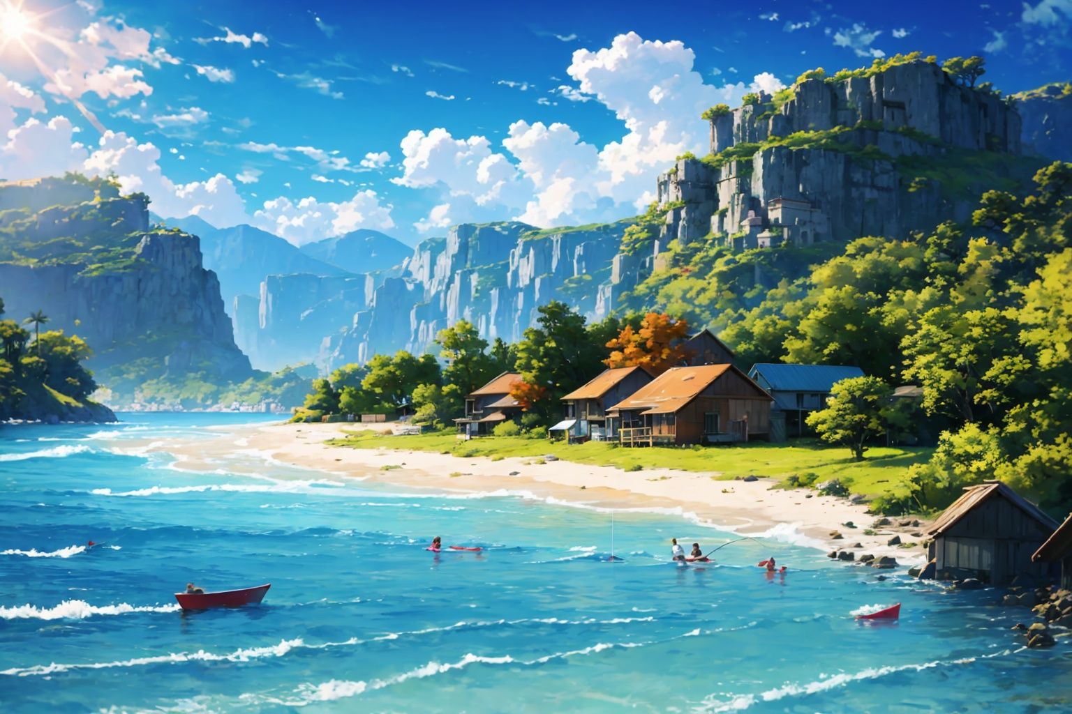 fishing village,  Beautiful Beach on Tensor.Art