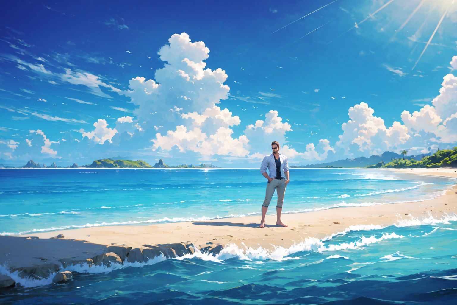 handsome men,  Beautiful Beach on Tensor.Art