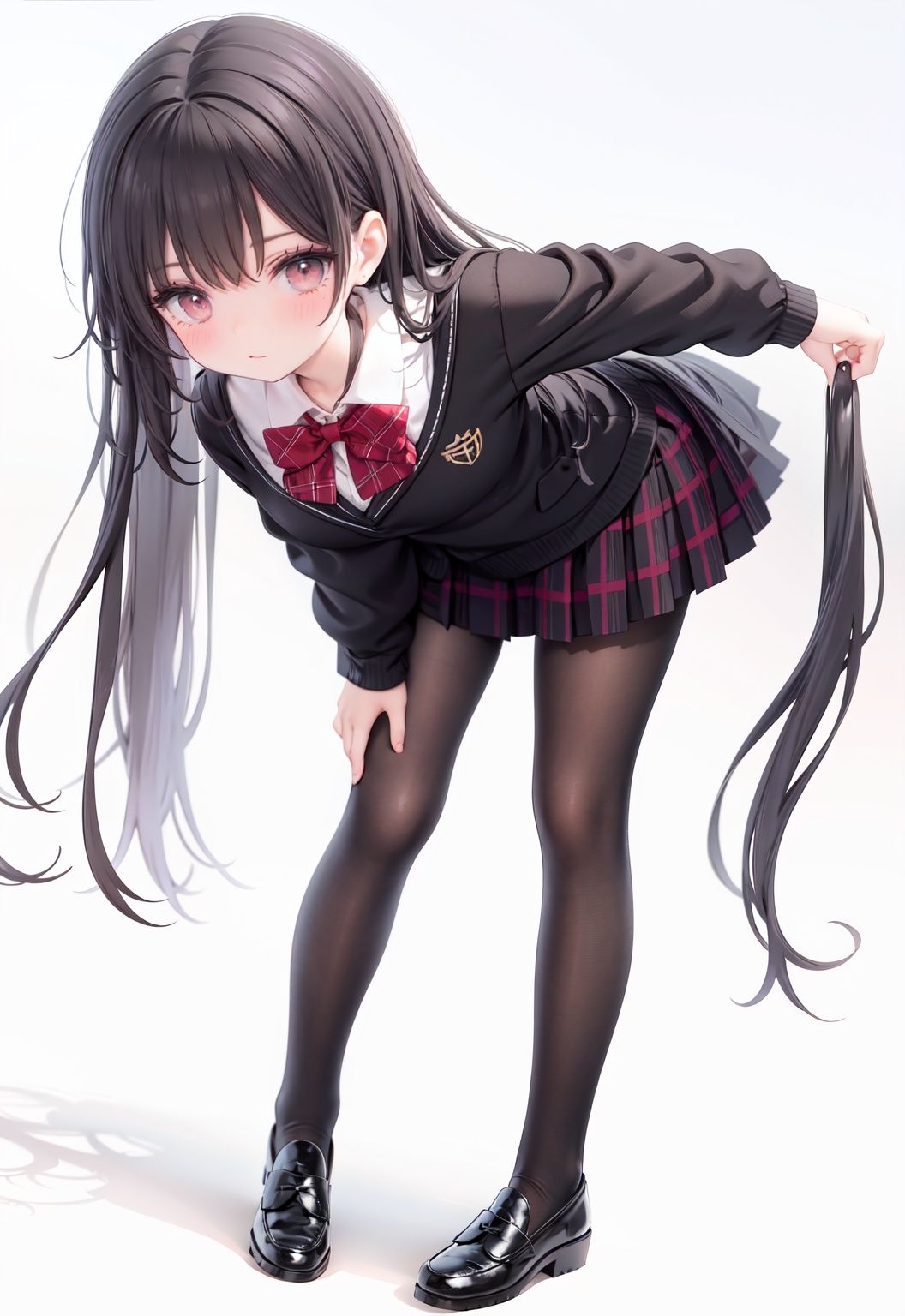  1girl, solo, pantyhose, skirt, long hair, loafers, shoes, simple background, school uniform, brown eyes, plaid, black pantyhose, plaid skirt, looking at viewer, black hair, pantyhose pull, full body, clothes pull, black footwear, pleated skirt, leaning forward, bangs, long sleeves, bent over, cardigan, bow, bowtie, standing, closed mouth, pulled by self, grey background, blush, miniskirt, red bow, sweater, **********