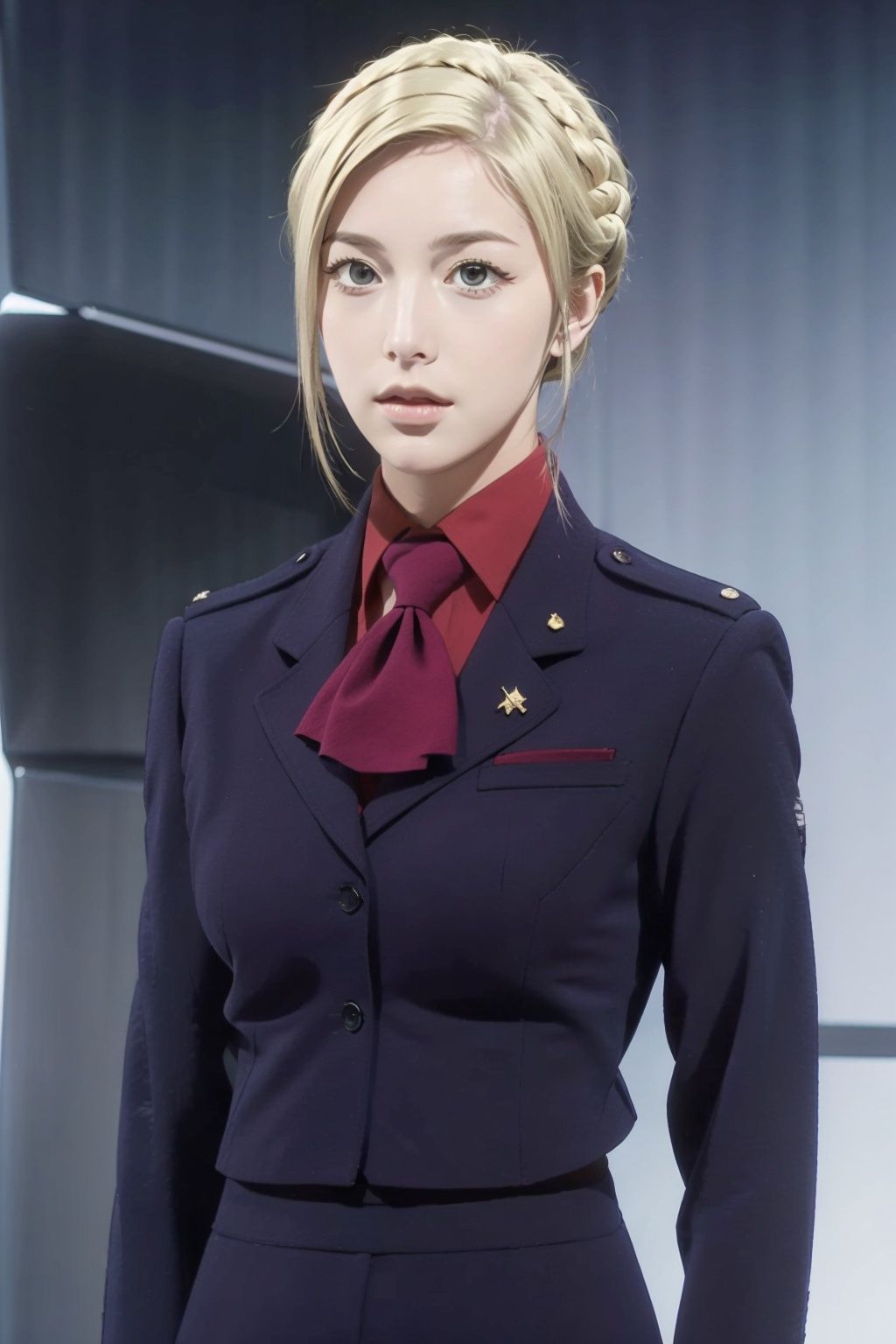  1girl, bangs, blonde hair, blue eyes, braid eyelashes, face, forehead gradient, jacket, looking at viewer, military, military uniform,parted bangs, parted lips, portrait,scarf,shirt, shirt, short hair, solo, uniform, school uniform, (breasts_exposed:1.3),
black skirt,