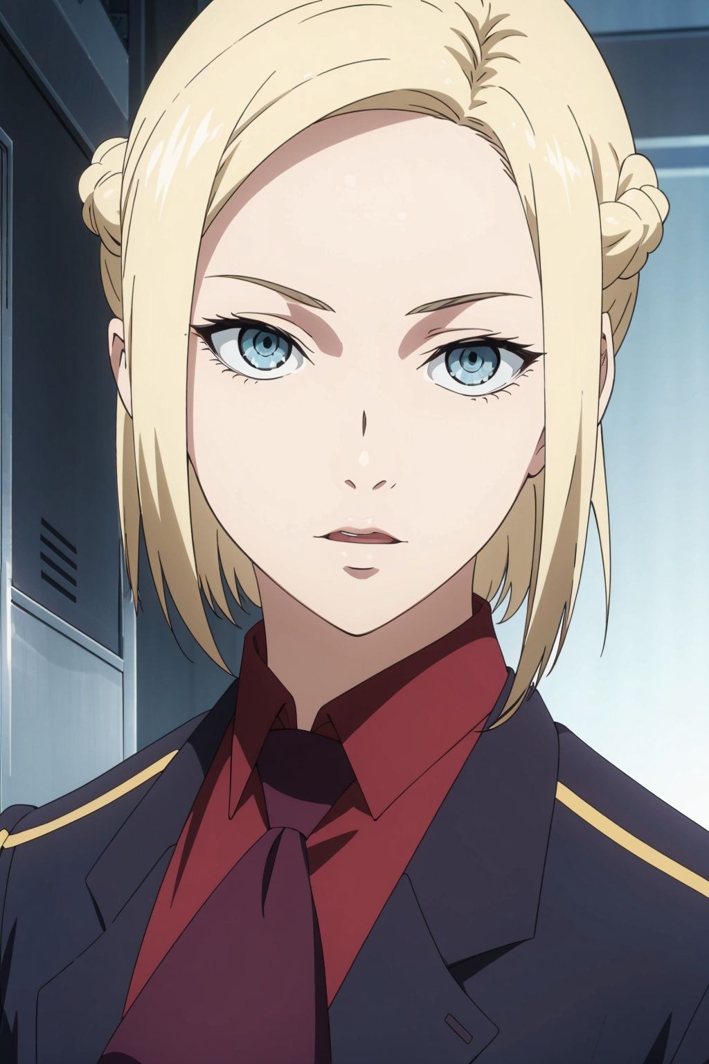  1girl, bangs, blonde hair, blue eyes, braid eyelashes, face, forehead gradient, jacket, looking at viewer, military,parted bangs, parted lips, portrait, short hair, solo, 
