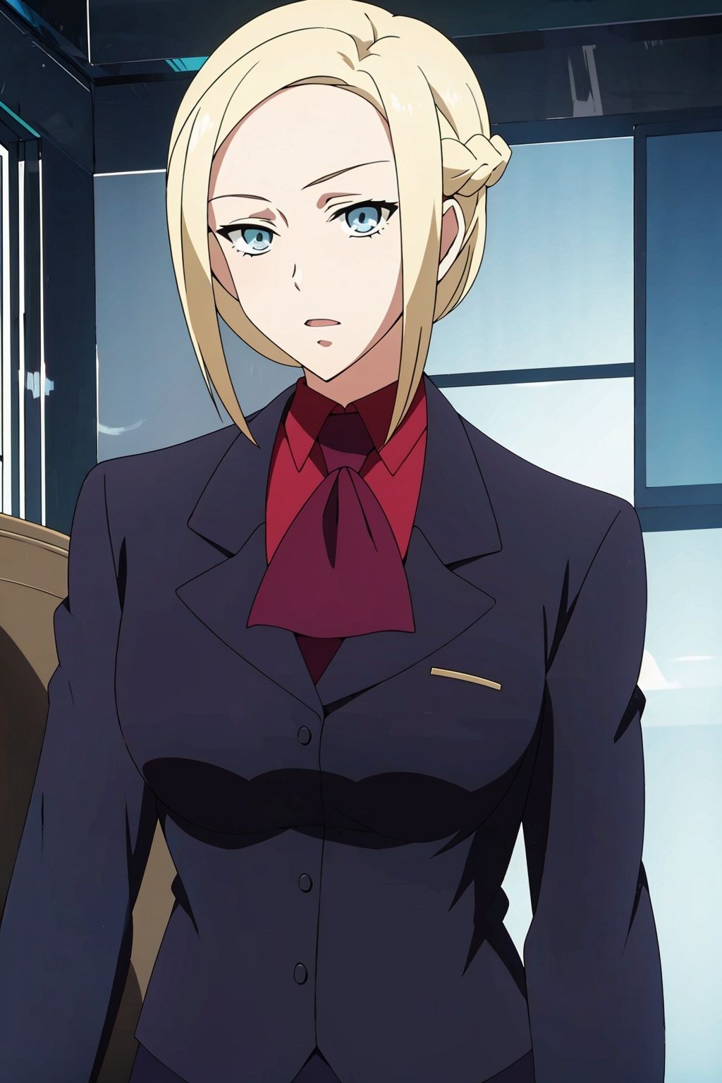 1girl, bangs, blonde hair,  blue eyes, braid eyelashes, face, forehead gradient, jacket, looking at viewer, military, military uniform,parted bangs, parted lips, portrait,scarf,shirt, shirt, short hair, solo, uniform, school uniform, (breasts_exposed:1.3),
black skirt,
