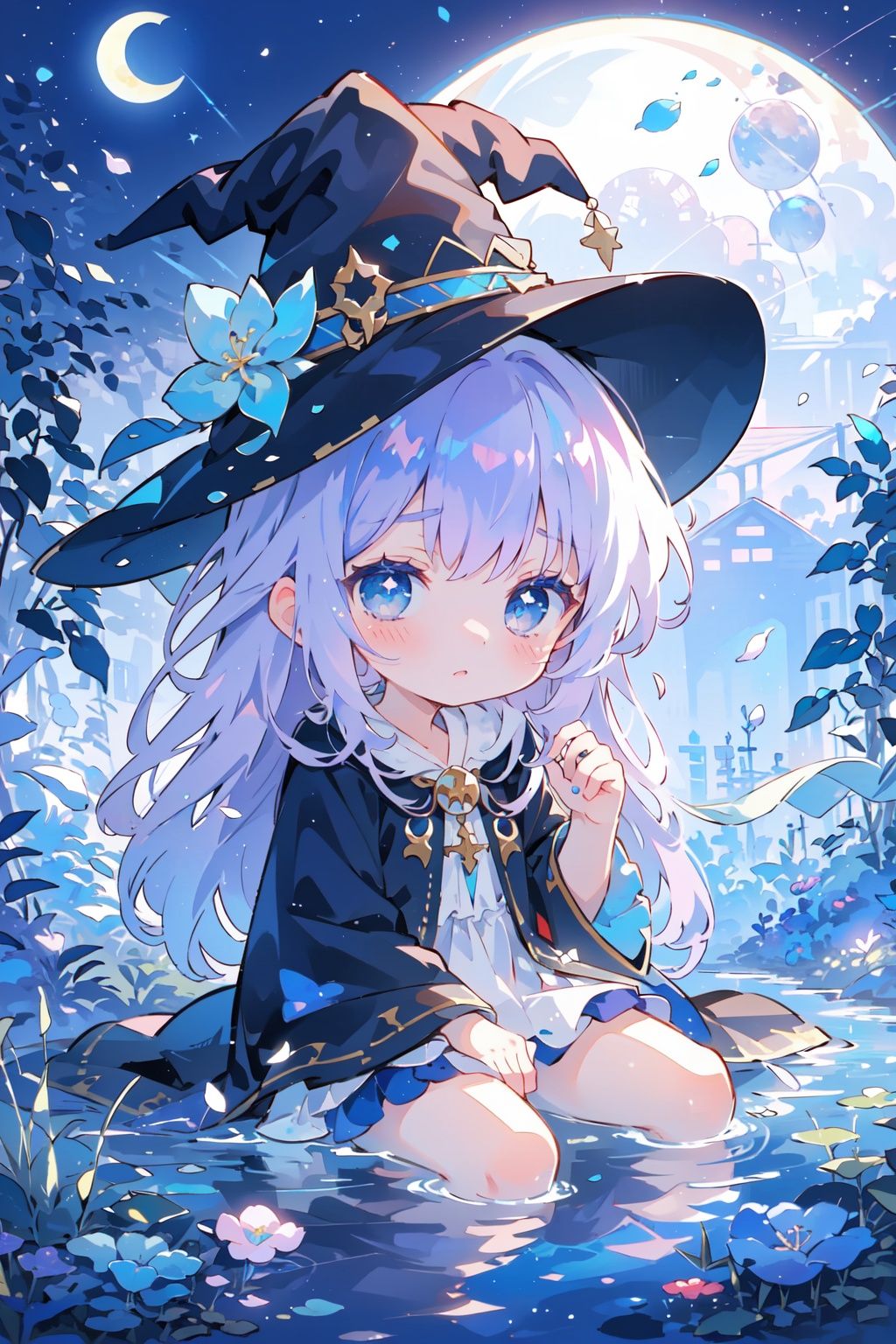 masterpiece,best-quality,ultra-detailed,underwater,moon,1 little loli,(child-loli),witch robe,wizard hat,purple hair,long hair,messy hair,light blue eyes,round face,cute face,midjourney, cuteloli, flower, smug
