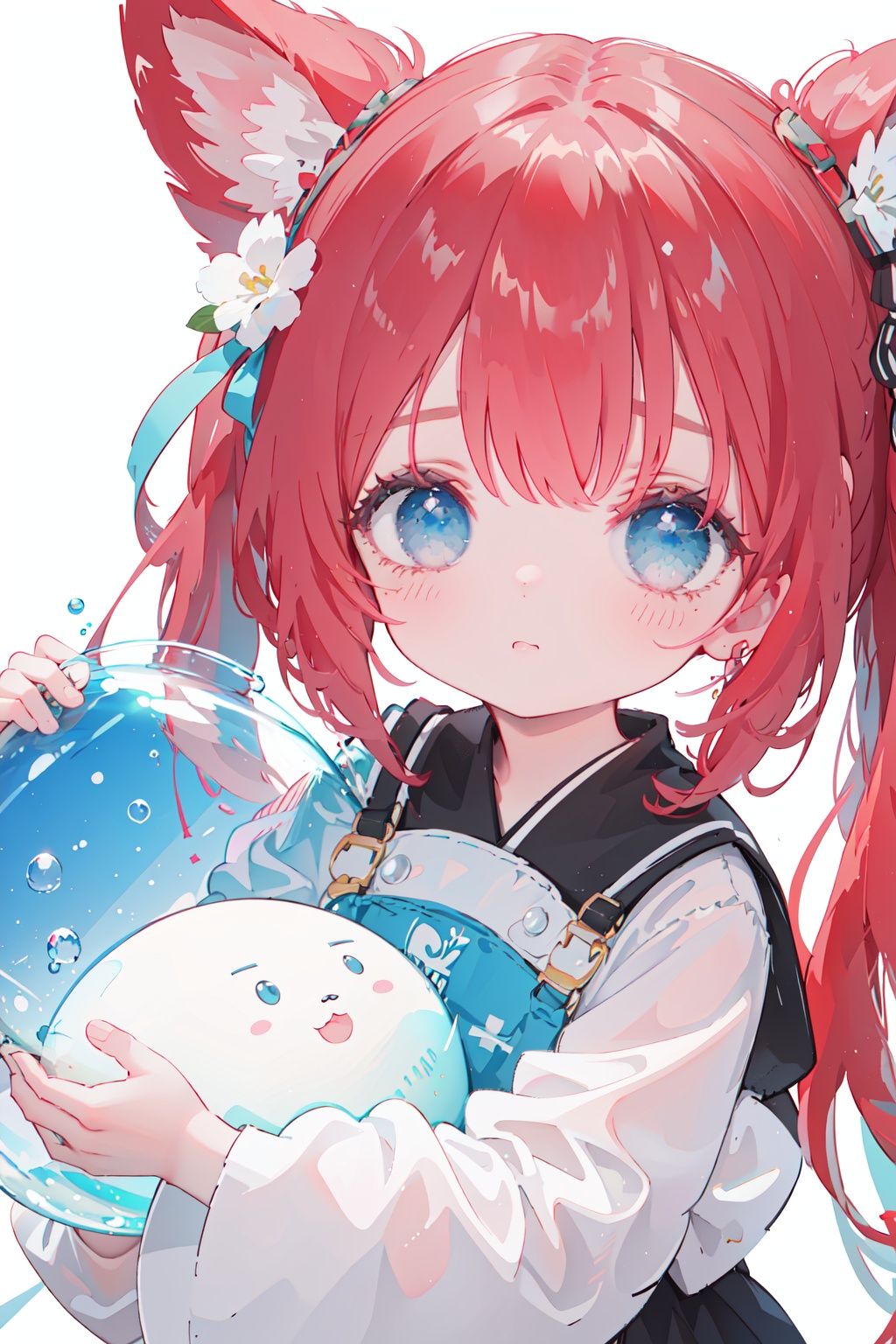  masterpiece,best-quality,ultra-detailed,white background,moon,1 little loli,(child-loli),bubble-sleeves,red hair,long hair,messy hair,light blue eyes,round face,cute face,midjourney, cuteloli, flower, smug
