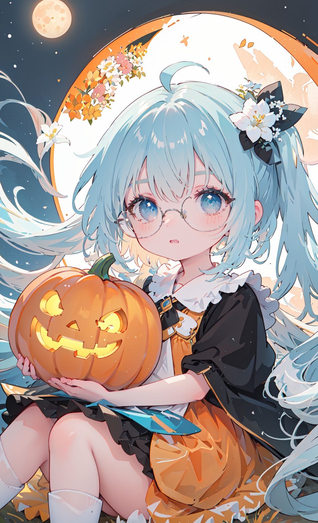  masterpiece,best-quality,ultra-detailed,orange moon,pumpkin-light,1 little girl,black rimmed glasses,black hair,long hair,ahoge,messy hair,light blue eyes,round face,cute face,midjourney, cuteloli, flower, smug