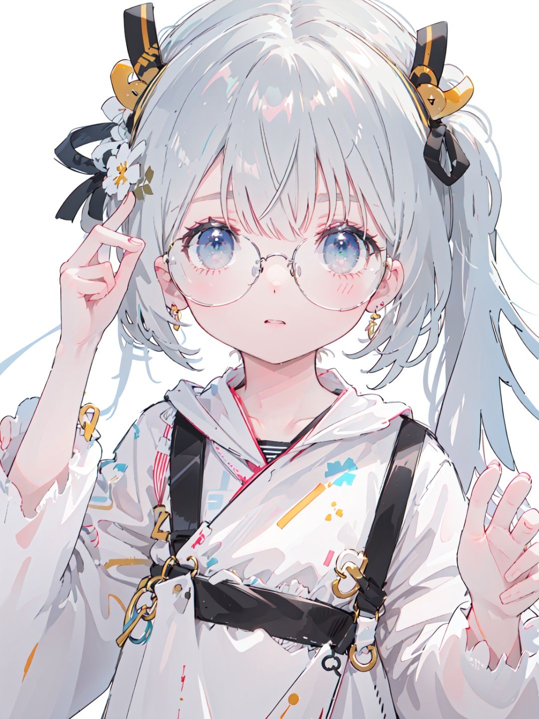 masterpiece, best-quality, ultra-detailed, white background,1 little loli,(child-loli:1.1),(black glasses:1.15), round glasses,white long hair, light eyes