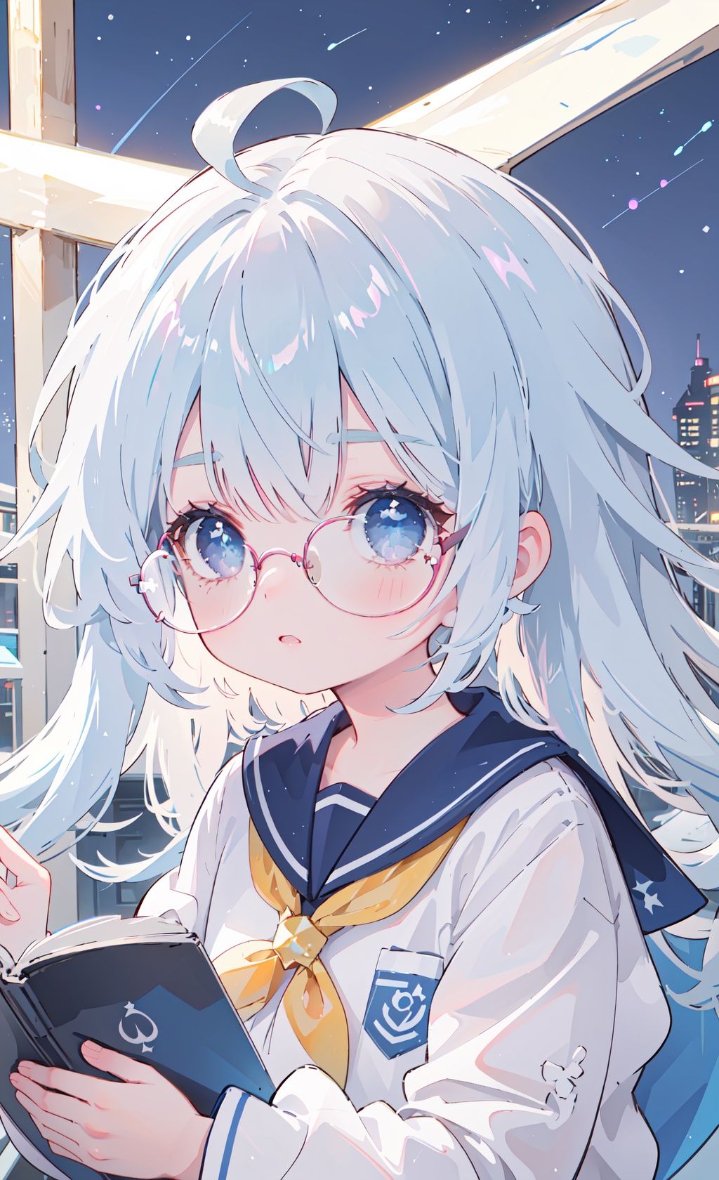  masterpiece,best-quality,ultra-detailed,purple-blue starry sky,meteors,1 little girl,glasses,sailor clothes,white long hair,ahoge,messy hair,light blue eyes,round face,cute face,midjourney, cuteloli, 