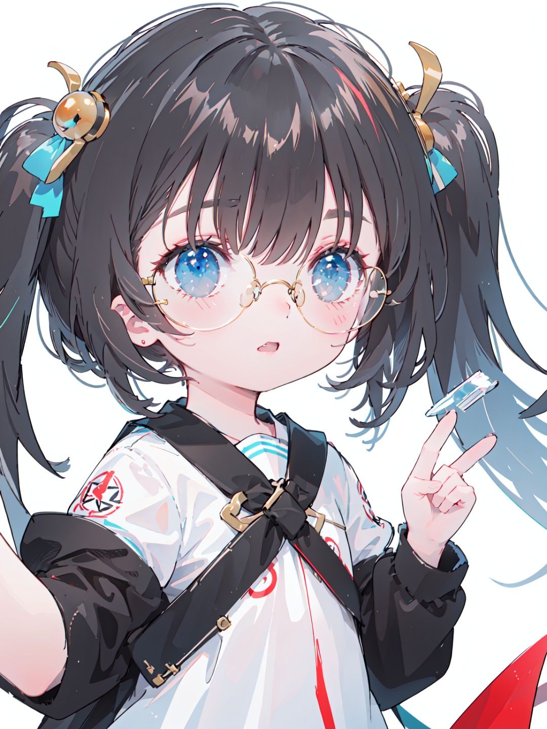  masterpiece, best-quality, ultra-detailed, white background,1 little loli,(child-loli:1.1),(black glasses:1.15), round glasses,white long hair, light eyes