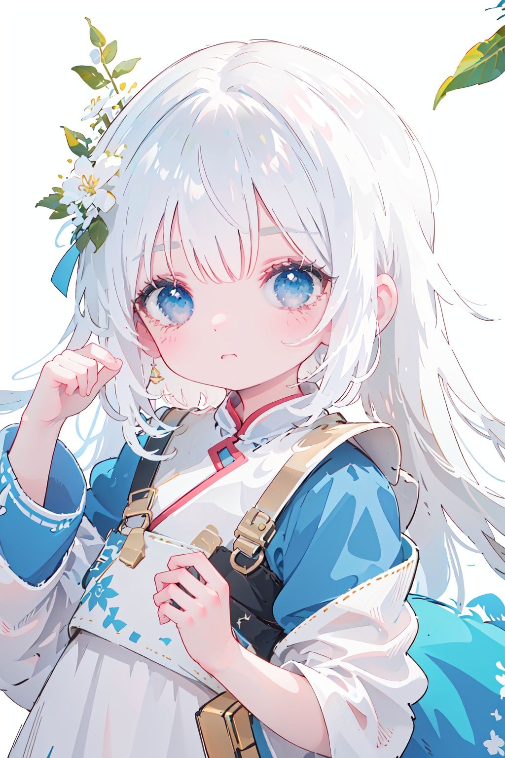  masterpiece,best-quality,ultra-detailed,white background,1 little loli,(child-loli),cheongsam,white hair,long hair,messy hair,light blue eyes,round face,cute face,midjourney, cuteloli, flower, smug