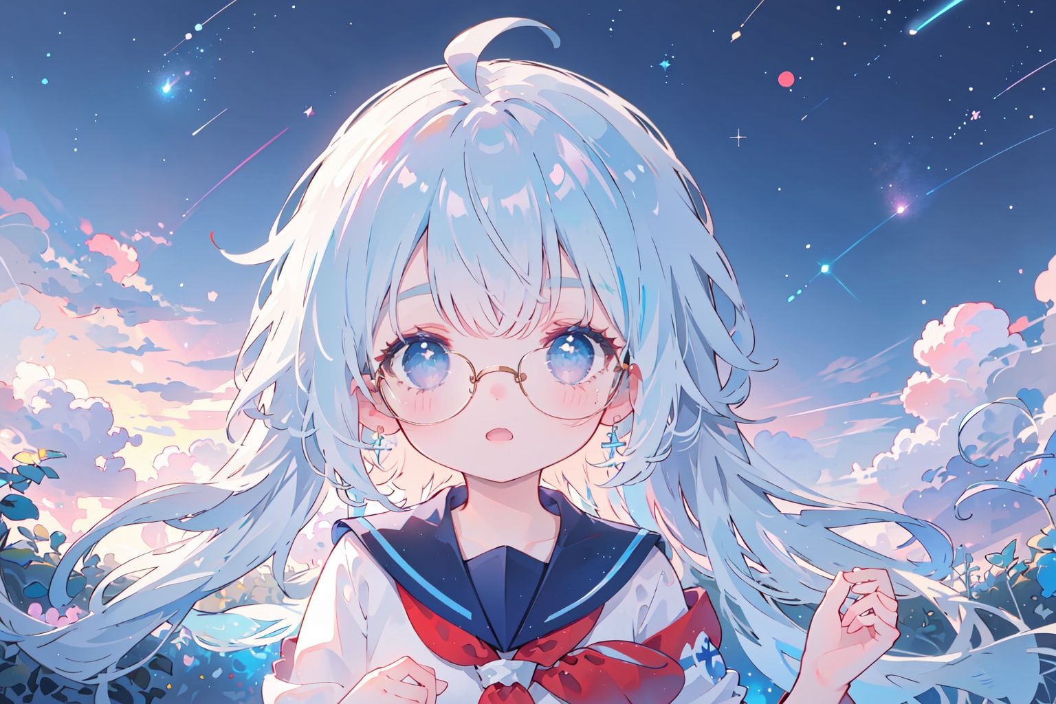  masterpiece,best-quality,ultra-detailed,purple-blue starry sky,meteors,1 little girl,glasses,sailor clothes,white long hair,ahoge,messy hair,light blue eyes,round face,cute face,midjourney, cuteloli, 