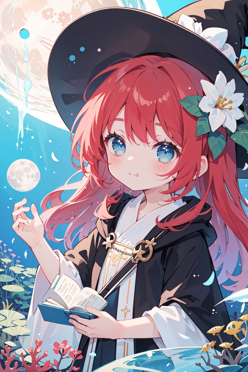 masterpiece,best-quality,ultra-detailed,underwater,moon,1 little loli,(child-loli),witch robe,wizard hat,eye dull,red hair,long hair,messy hair,light blue eyes,round face,cute face,midjourney, cuteloli, flower, smug