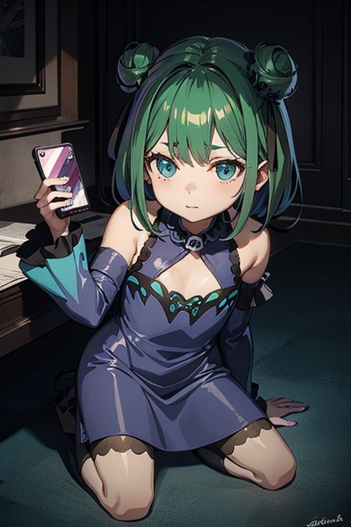 1girl,  anime girl with green hair and blue dress holding a cell phone,  anime girl with teal hair on Tensor.Art