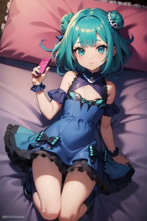 1girl,  anime girl with green hair and blue dress holding a cell phone,  anime girl with teal hair on Tensor.Art