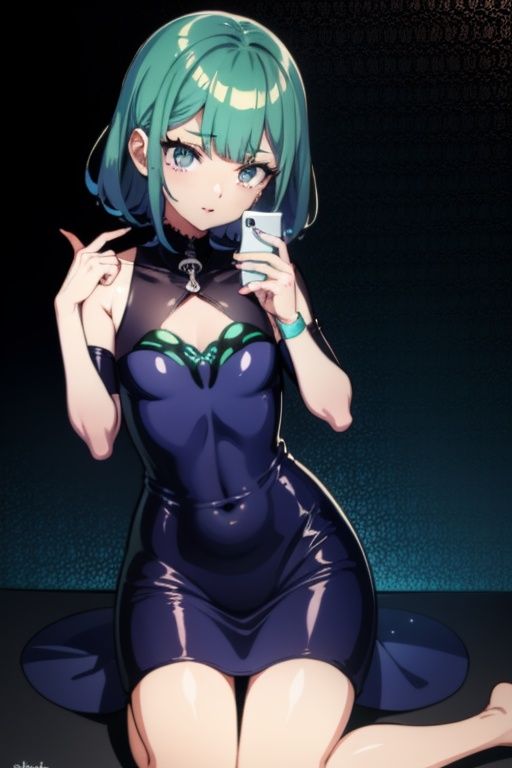 1girl,  anime girl with green hair and blue dress holding a cell phone,  anime girl with teal hair on Tensor.Art