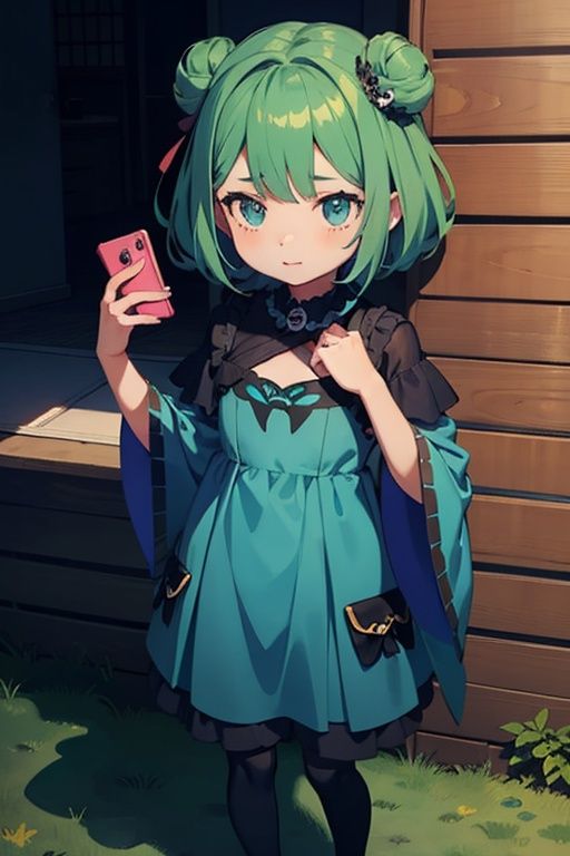 1girl,  anime girl with green hair and blue dress holding a cell phone,  anime girl with teal hair on Tensor.Art