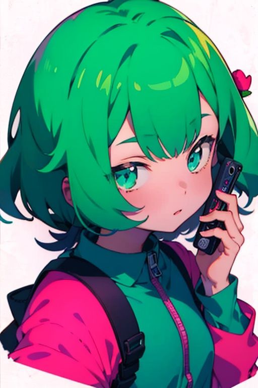 1girl,  anime girl with green hair and blue dress holding a cell phone,  anime girl with teal hair on Tensor.Art