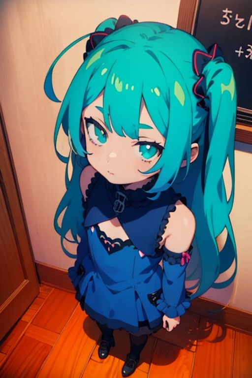 1girl,  anime girl with green hair and blue dress holding a cell phone,  anime girl with teal hair on Tensor.Art