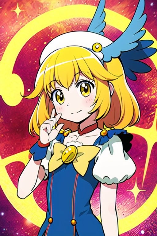 a woman in a yellow dress and a hat with a bird on her head,  symphogear,  anime girl named lucy on Tensor.Art