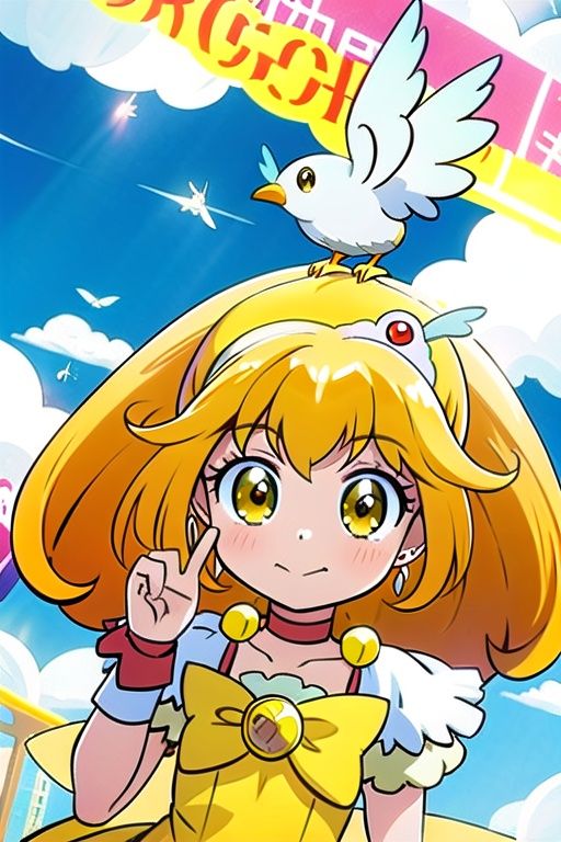 a woman in a yellow dress and a hat with a bird on her head,  symphogear,  anime girl named lucy on Tensor.Art