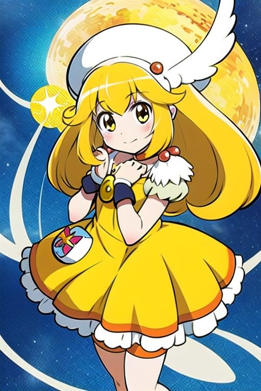 a woman in a yellow dress and a hat with a bird on her head,  symphogear,  anime girl named lucy on Tensor.Art