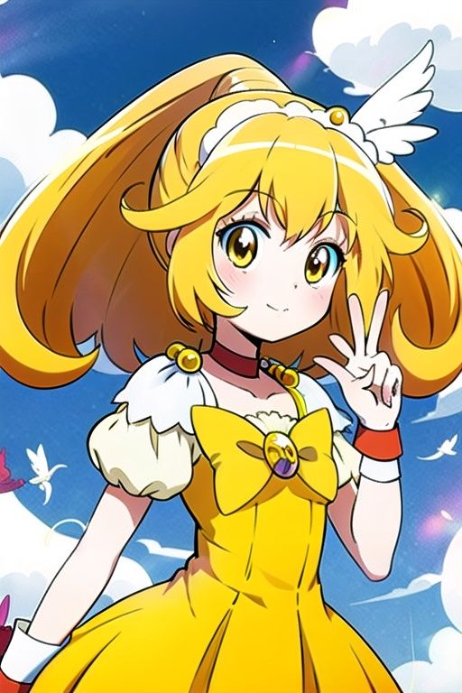 a woman in a yellow dress and a hat with a bird on her head,  symphogear,  anime girl named lucy on Tensor.Art