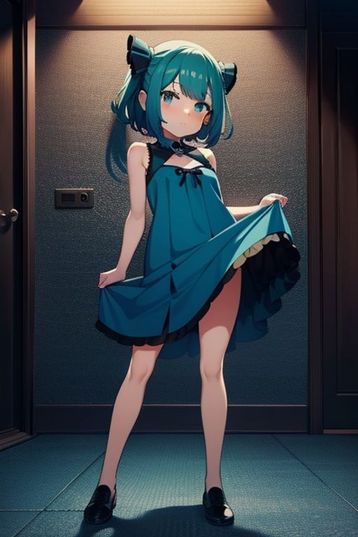 1girl,  anime girl with green hair and blue dress holding a cell phone,  anime girl with teal hair on Tensor.Art