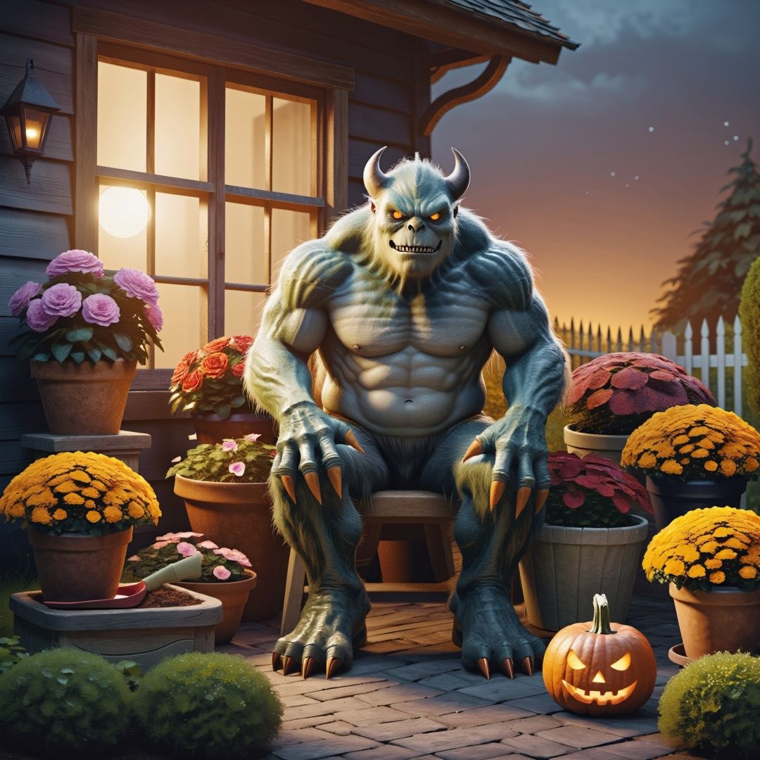 monsters gardening infront flowerpots and gardening tools,  autumn eve,  halloween season,  ((best quality)),  ((masterpiece)),  ((ultra-detailed)),  high resolution, , , , , 
