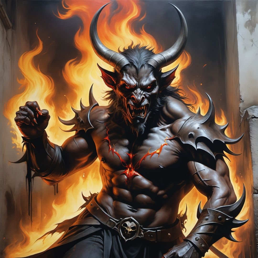 painting of a devil surrounded by flames on the wall,  graffiti inspired by 
Jarek Kubicki,  Giovanni Boldini,  Gabriele Dell'otto,  Ai Yazawa,  Georges Clairin,hallow33n,
