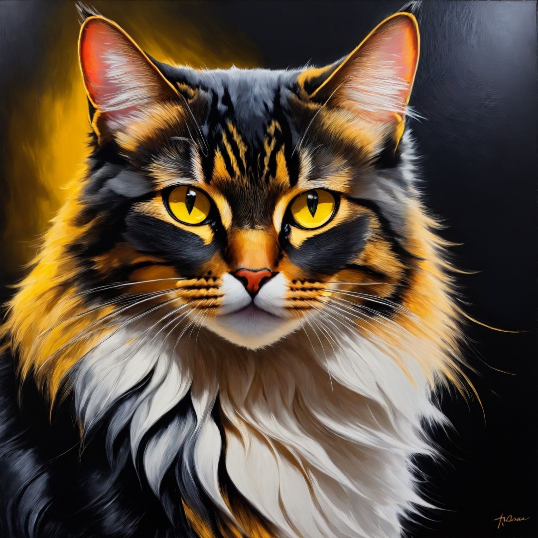 (a cat with yellow eyes,  sitting on a black surface),  oil painting on Tensor.Art