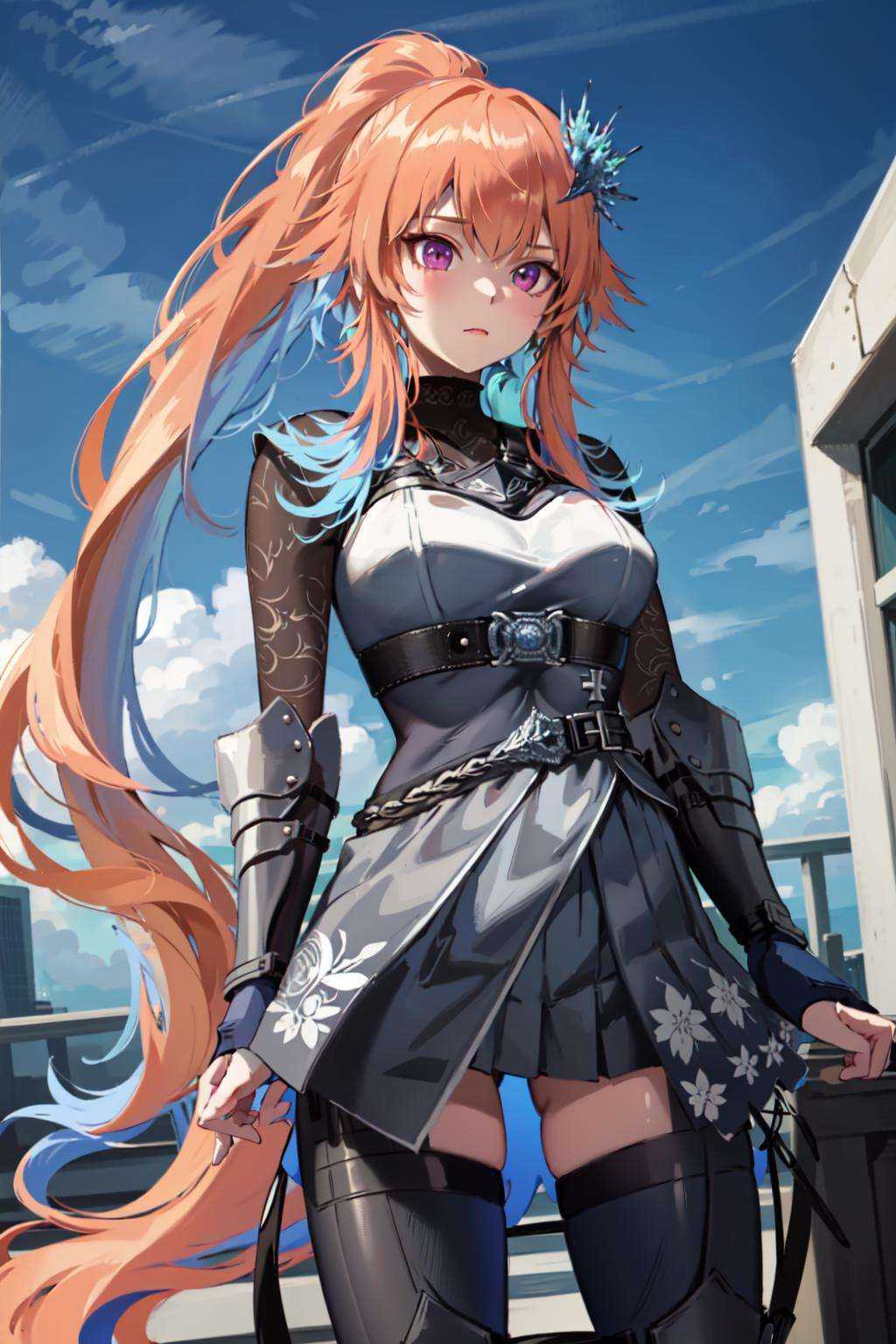a girl,  long hair ponytail,  from below on Tensor.Art