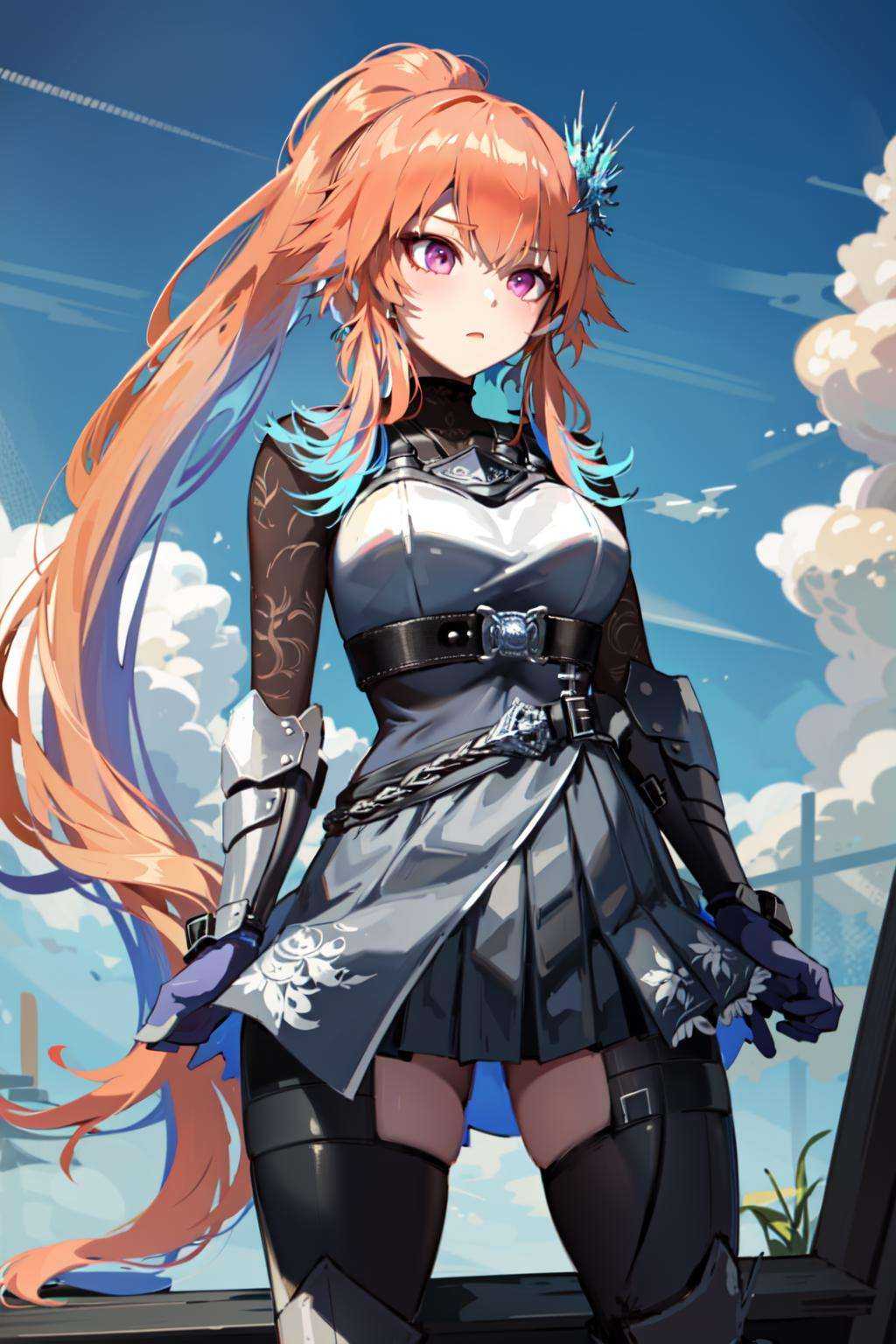 a girl,  long hair ponytail,  from below on Tensor.Art