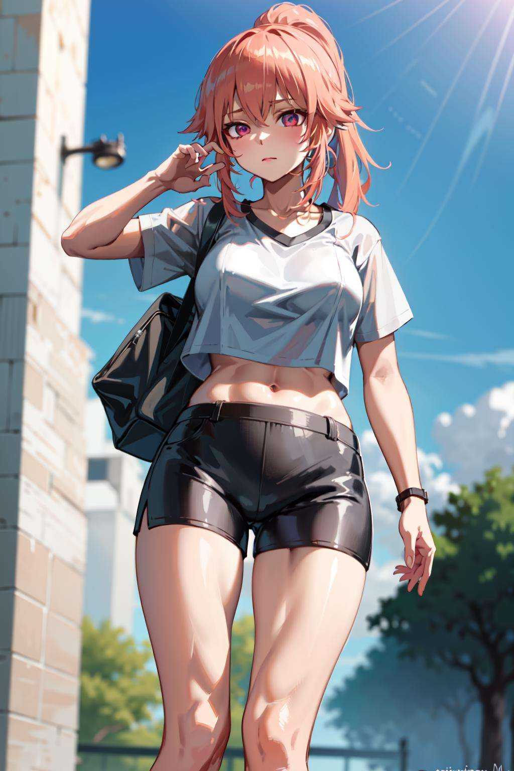 a girl,  from below,  tshirt and (short shorts) on Tensor.Art