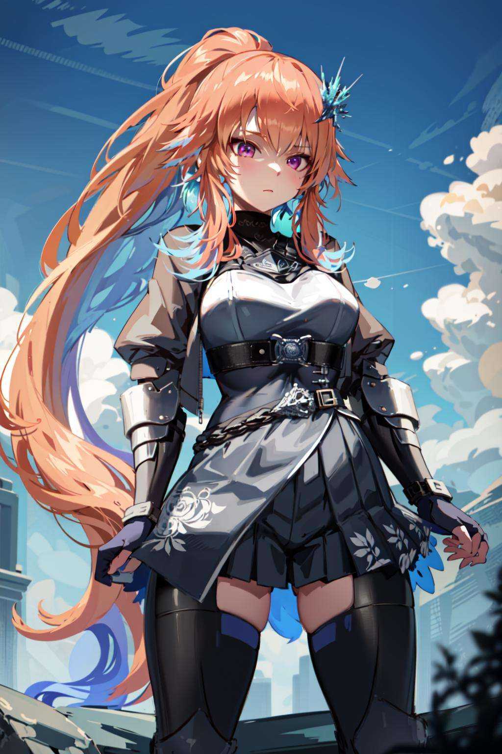 a girl,  long hair ponytail,  from below on Tensor.Art