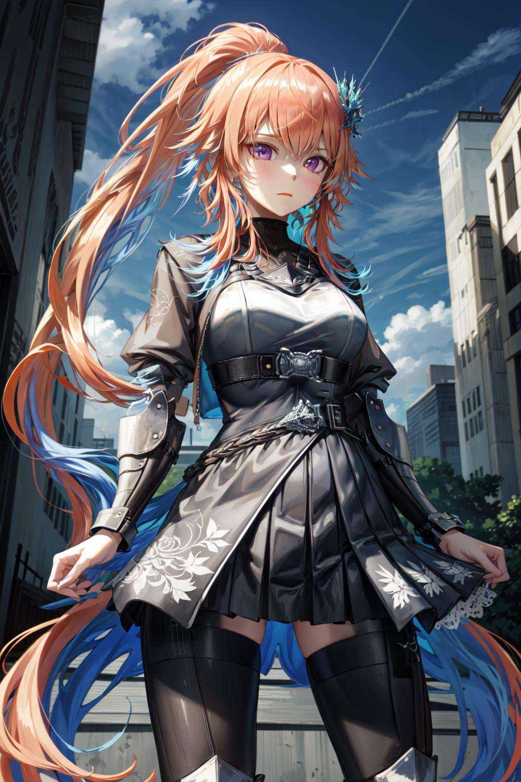 a girl,  long hair ponytail,  from below on Tensor.Art