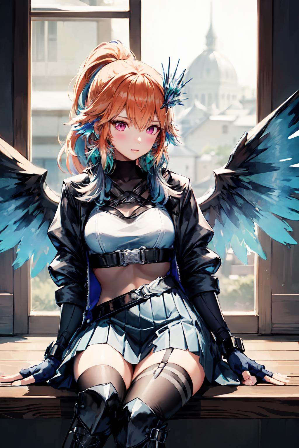 (takanashi kiara) candid long hair,  jewelry,  feathers on Tensor.Art