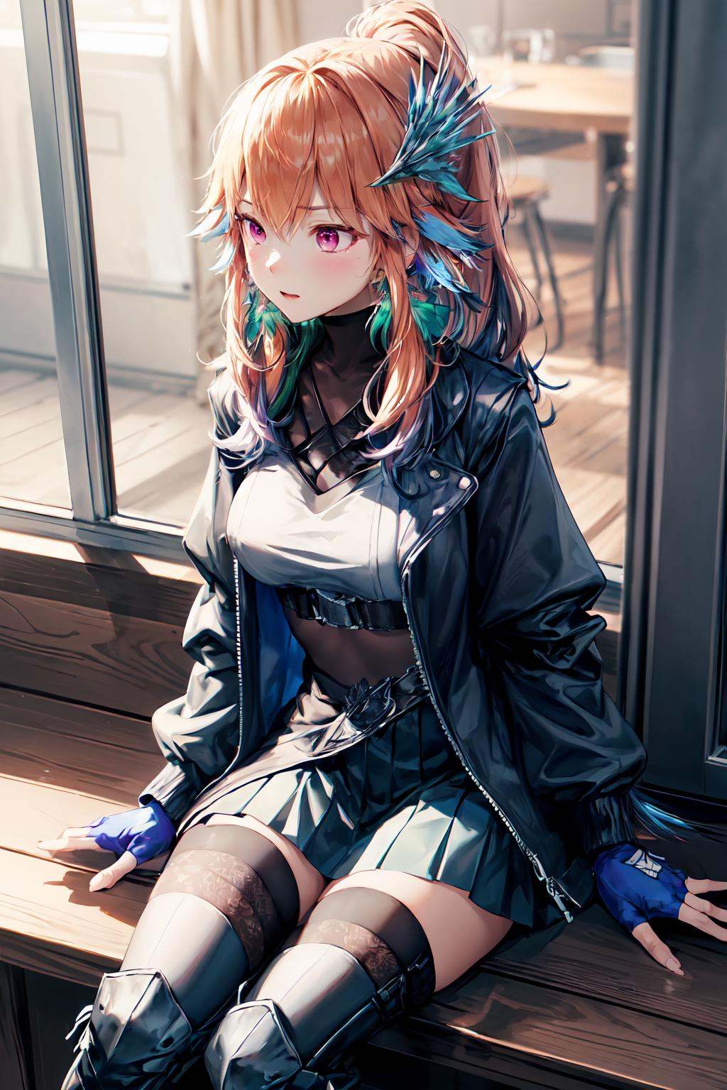 (takanashi kiara) candid long hair,  jewelry,  feathers on Tensor.Art