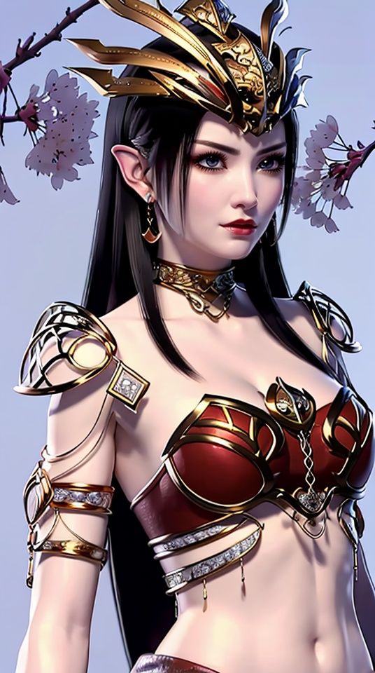 A woman,black hair,Brown eyes,necklace,jewelry,Cherry blossom,armor,Pointed ears,,<lora:ac941063907bea6d6dfb1b9484c452dfbe665707c999e819d6b1876ff13dced0:0.6>