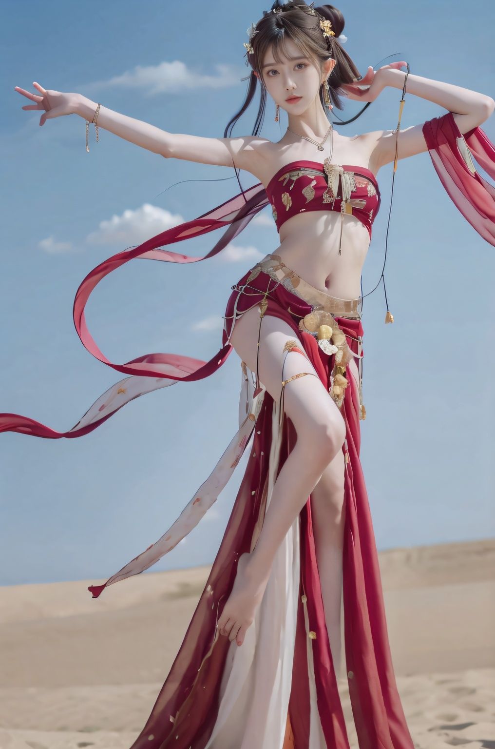  1girl
arabian clothes
armlet
bare shoulders
barefoot
beach
black hair
blue sky
blurry
blurry background
bracelet
breasts
brown hair
bug
butterfly
chinese clothes
closed eyes
cloud
dancing
day
desert
dress
dunhuang
earrings
fine art parody
flower
flute
forehead mark
full body
full moon
gem
hair bun
hair flower
hair ornament
hair stick
holding
holding instrument
instrument
jewelry
lips
long hair
long skirt
lotus
makeup
mask
mermaid
midriff
monster girl
moon
music
navel
necklace
outdoors
petals
playing instrument
realistic
red dress
sand
shawl
single hair bun
sitting
skirt
sky
solo
standing
strapless
sword
tube top
veil
very long hair
weapon
white dress
wide sleeves
wings, wangyushan