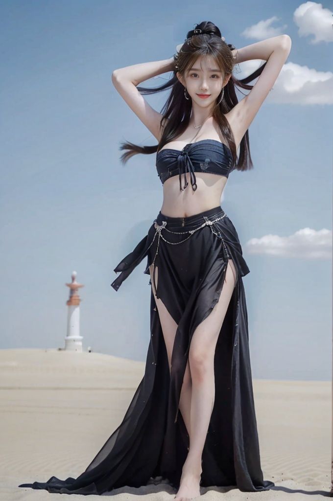 (Good structure), HDR, UHD, 8K, (A real person), Highly detailed, best quality, masterpiece, 1girl, (realistic), Highly detailed, (EOS R8, 50mm, F1.2, 8K, RAW photo:1.2), ultra realistic 8k, pose for picture, Dynamic pose, looking_at_viewer, lips, (perfect body), (solo), 1girl, , long hair, Wind, flowing hair, big_breast, kind smile,
wangyushan,full body,
dunhuang,blue sky,cloud, desert,,