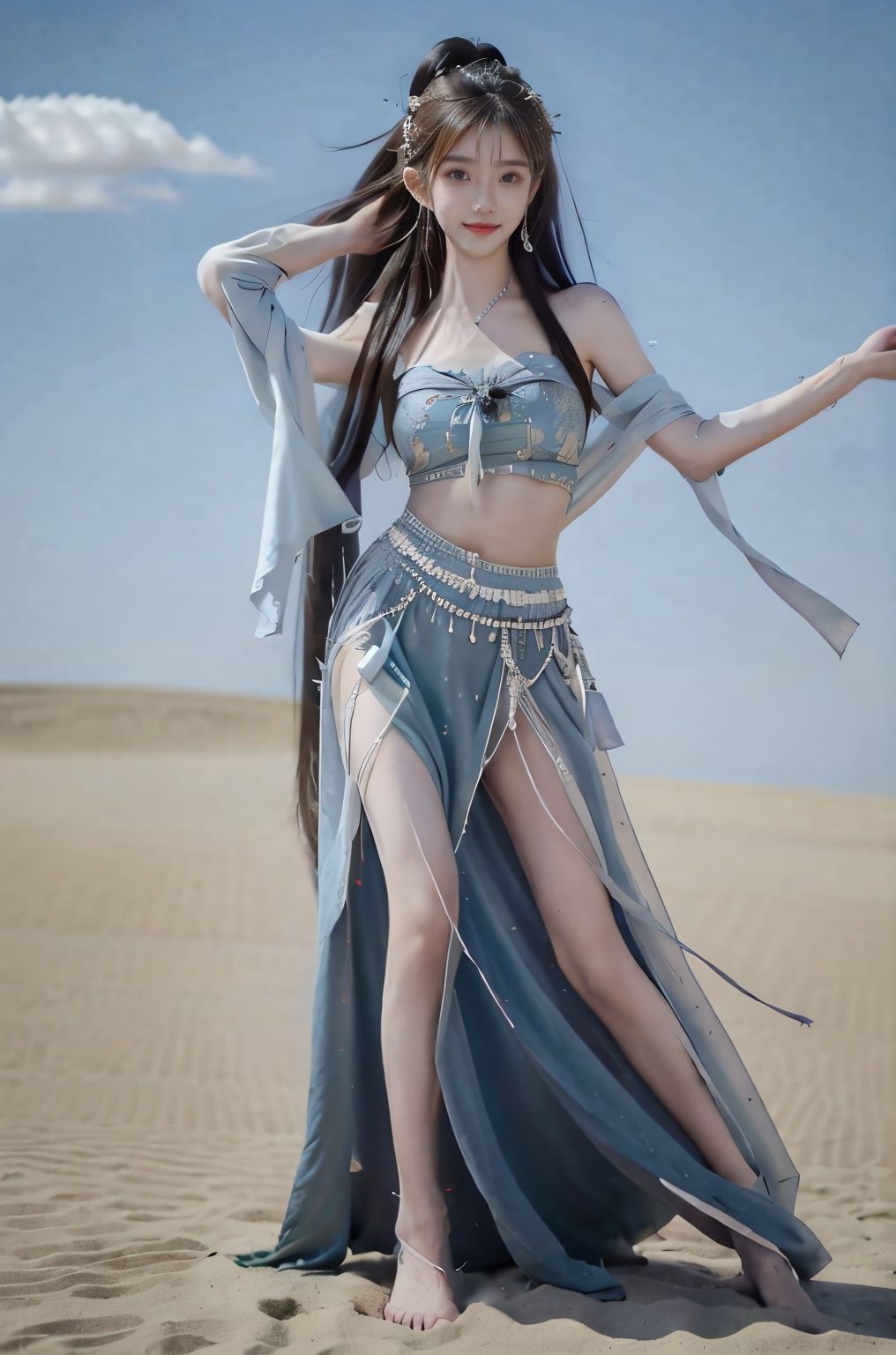 (Good structure), HDR, UHD, 8K, (A real person), Highly detailed, best quality, masterpiece, 1girl, (realistic), Highly detailed, (EOS R8, 50mm, F1.2, 8K, RAW photo:1.2), ultra realistic 8k, pose for picture, Dynamic pose, looking_at_viewer, lips, (perfect body), (solo), 1girl, , long hair, Wind, flowing hair, big_breast, kind smile,
wangyushan,full body,
dunhuang,blue sky,cloud, desert,,dancing,,dress, chinese clothes, 