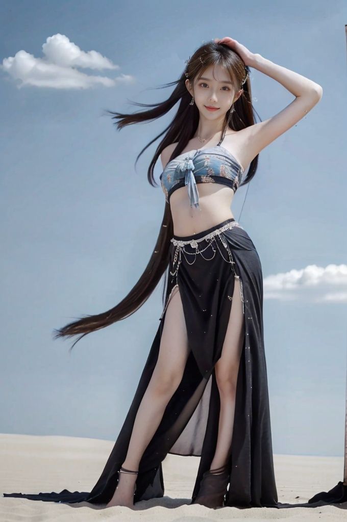 (Good structure), HDR, UHD, 8K, (A real person), Highly detailed, best quality, masterpiece, 1girl, (realistic), Highly detailed, (EOS R8, 50mm, F1.2, 8K, RAW photo:1.2), ultra realistic 8k, pose for picture, Dynamic pose, looking_at_viewer, lips, (perfect body), (solo), 1girl, , long hair, Wind, flowing hair, big_breast, kind smile,
wangyushan,full body,
dunhuang,blue sky,cloud, desert,,