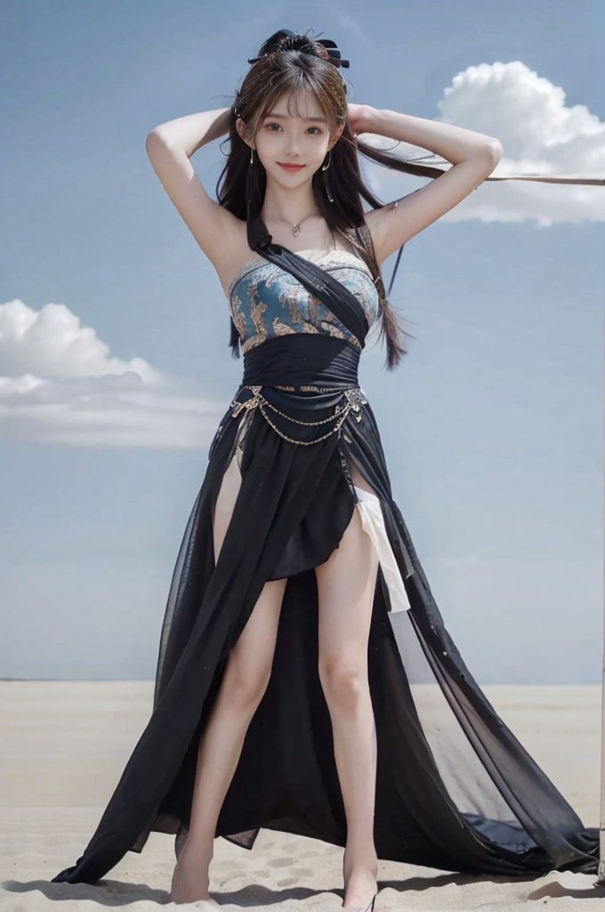 (Good structure), HDR, UHD, 8K, (A real person), Highly detailed, best quality, masterpiece, 1girl, (realistic), Highly detailed, (EOS R8, 50mm, F1.2, 8K, RAW photo:1.2), ultra realistic 8k, pose for picture, Dynamic pose, looking_at_viewer, lips, (perfect body), (solo), 1girl, , long hair, Wind, flowing hair, big_breast, kind smile,
wangyushan,full body,
dunhuang,blue sky,cloud, desert,,dress,