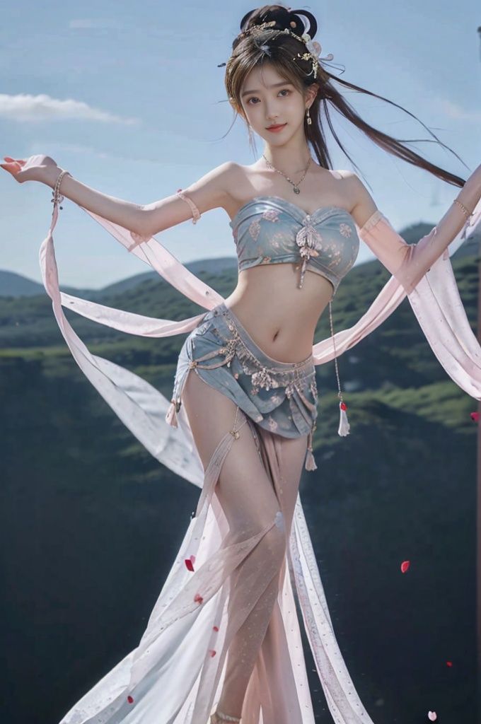  (Good structure), HDR, UHD, 8K, (A real person), Highly detailed, best quality, masterpiece, 1girl, (realistic), Highly detailed, (EOS R8, 50mm, F1.2, 8K, RAW photo:1.2), ultra realistic 8k, pose for picture, Dynamic pose, looking_at_viewer, lips, (perfect body), (solo), 1girl, , long hair, Wind, flowing hair, big_breast, kind smile,
wangyushan,full body,long legs,
dunhuang,dress,chinese clothes,arabian clothes,,skirt,navel,bare shoulders,butterfly,dancing,desert,blue sky,cloud,gem,hair bun,hair flower,hair ornament,hair stick,flute,forehead mark,gem,hair bun,jewelry,lotus,petals,wide sleeves,wings,bracelet,armlet,earrings,necklace,petals,shawl