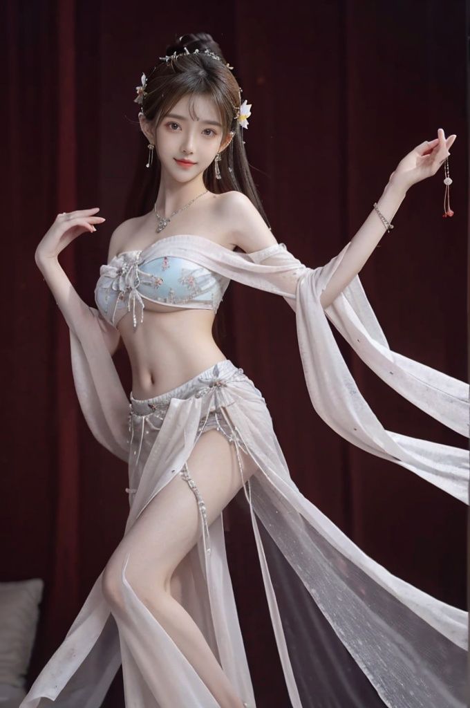 (Good structure), HDR, UHD, 8K, (A real person), Highly detailed, best quality, masterpiece, 1girl, (realistic), Highly detailed, (EOS R8, 50mm, F1.2, 8K, RAW photo:1.2), ultra realistic 8k, pose for picture, Dynamic pose, looking_at_viewer, lips, (perfect body), (solo), 1girl, , long hair, Wind, flowing hair, big_breast, kind smile,
wangyushan,full body,long legs,
dunhuang,dress,chinese clothes,arabian clothes,red dress,white dress,long skirt,skirt,navel,bare shoulders,butterfly,dancing,desert,blue sky,cloud,gem,hair bun,hair flower,hair ornament,hair stick,flute,forehead mark,gem,hair bun,jewelry,lotus,petals,wide sleeves,wings,bracelet,armlet,earrings,necklace,petals,shawl