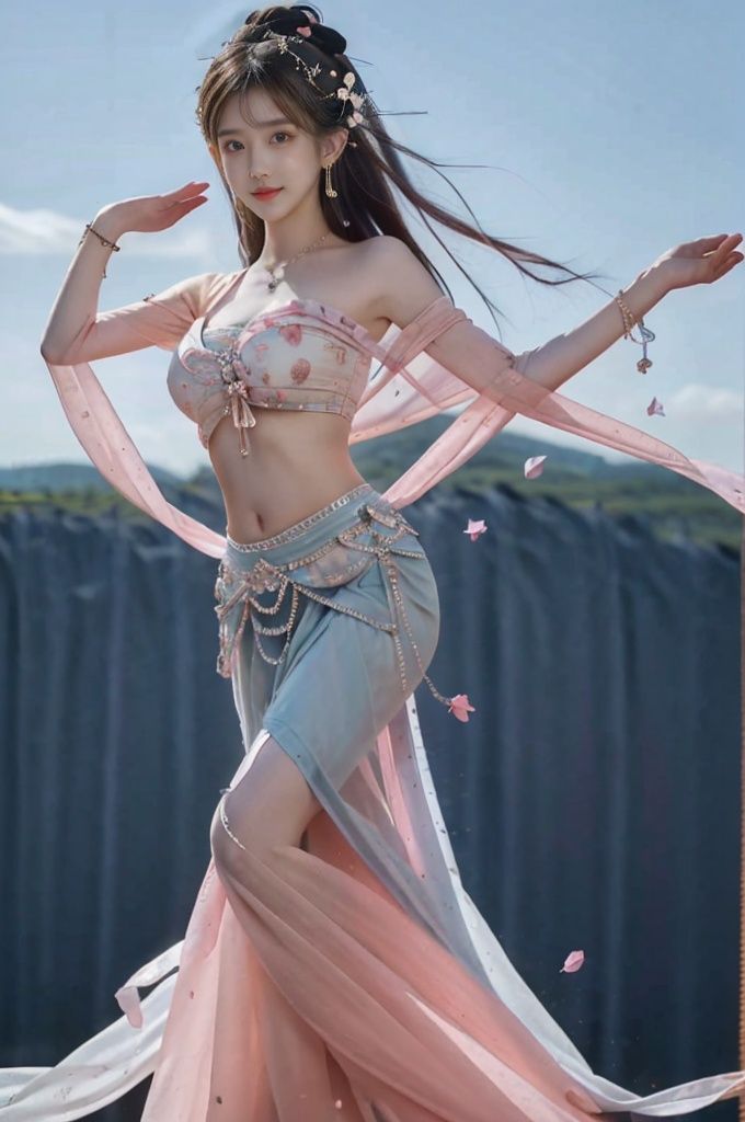  (Good structure), HDR, UHD, 8K, (A real person), Highly detailed, best quality, masterpiece, 1girl, (realistic), Highly detailed, (EOS R8, 50mm, F1.2, 8K, RAW photo:1.2), ultra realistic 8k, pose for picture, Dynamic pose, looking_at_viewer, lips, (perfect body), (solo), 1girl, , long hair, Wind, flowing hair, big_breast, kind smile,
wangyushan,full body,long legs,
dunhuang,dress,chinese clothes,arabian clothes,,,long skirt,skirt,navel,bare shoulders,butterfly,dancing,desert,blue sky,cloud,gem,hair bun,hair flower,hair ornament,hair stick,flute,forehead mark,gem,hair bun,jewelry,lotus,petals,wide sleeves,wings,bracelet,armlet,earrings,necklace,petals,shawl