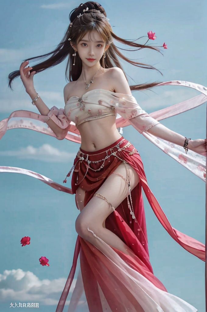 (Good structure), HDR, UHD, 8K, (A real person), Highly detailed, best quality, masterpiece, 1girl, (realistic), Highly detailed, (EOS R8, 50mm, F1.2, 8K, RAW photo:1.2), ultra realistic 8k, pose for picture, Dynamic pose, looking_at_viewer, lips, (perfect body), (solo), 1girl, , long hair, Wind, flowing hair, big_breast, kind smile,
wangyushan,full body,long legs,
dunhuang,dress,chinese clothes,arabian clothes,red dress,white dress,long skirt,skirt,navel,bare shoulders,butterfly,dancing,desert,blue sky,cloud,gem,hair bun,hair flower,hair ornament,hair stick,flute,forehead mark,gem,hair bun,jewelry,lotus,petals,wide sleeves,wings,bracelet,armlet,earrings,necklace,petals,shawl