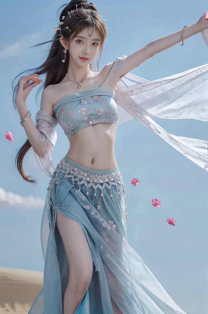  (Good structure), HDR, UHD, 8K, (A real person), Highly detailed, best quality, masterpiece, 1girl, (realistic), Highly detailed, (EOS R8, 50mm, F1.2, 8K, RAW photo:1.2), ultra realistic 8k, pose for picture, Dynamic pose, looking_at_viewer, lips, (perfect body), (solo), 1girl, , long hair, Wind, flowing hair, big_breast, kind smile,
wangyushan,full body,long legs,
dunhuang,dress,chinese clothes,arabian clothes,,skirt,navel,bare shoulders,butterfly,dancing,desert,blue sky,cloud,gem,hair bun,hair flower,hair ornament,hair stick,flute,forehead mark,gem,hair bun,jewelry,lotus,petals,wide sleeves,wings,bracelet,armlet,earrings,necklace,petals,shawl