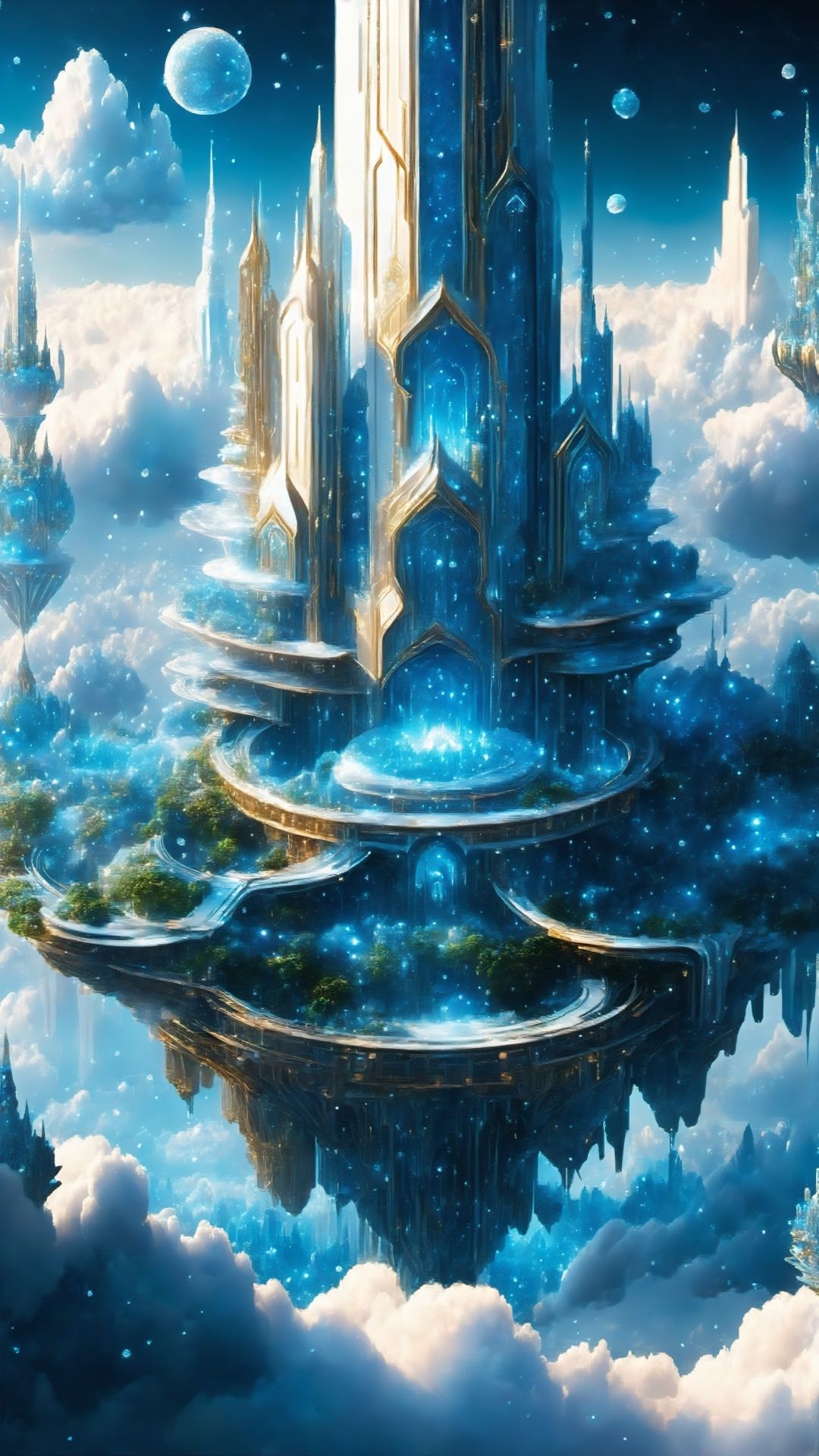 (Fantasy Architectural Style) (Fantasy Elements) (Advanced Color Art) (Architectural Art) (Intricate Details) High above the city, there is a city in the clouds. Palaces and gardens are built on these clouds, and residents can walk among the fluffy clouds. , enjoy the panoramic view of the city. The buildings here are made of clouds and crystals, just like a fairyland